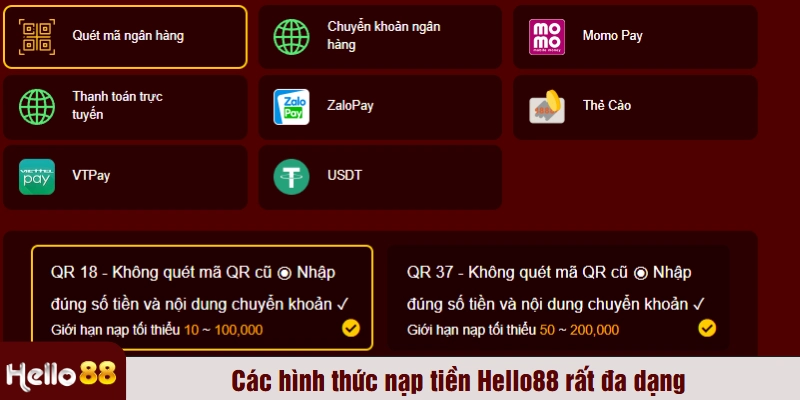 Các hình thức nạp tiền Hello88 rất đa dạng