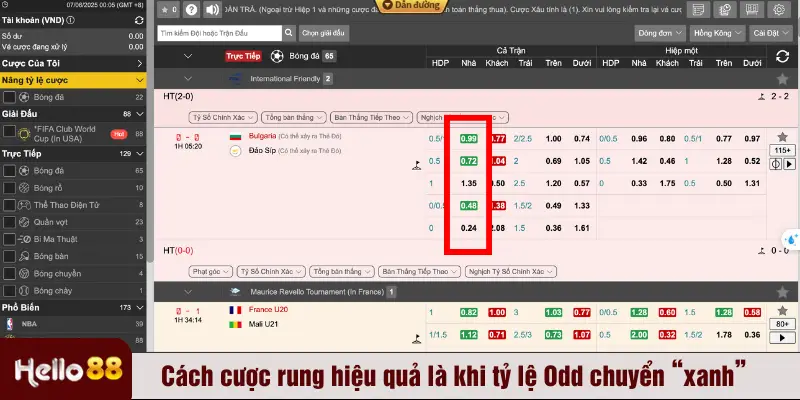 Cách cược rung hiệu quả là khi tỷ lệ Odd chuyển “xanh”  