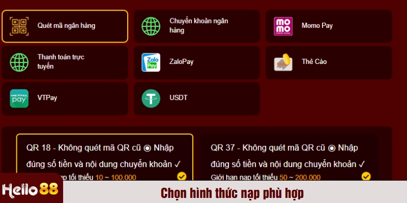 Chọn hình thức nạp phù hợp