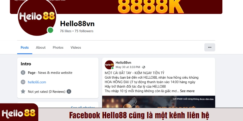 Facebook Hello88 cũng là một kênh liên hệ