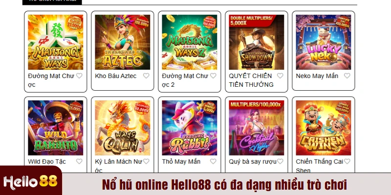 Nổ hũ online Hello88 có đa dạng nhiều trò chơi